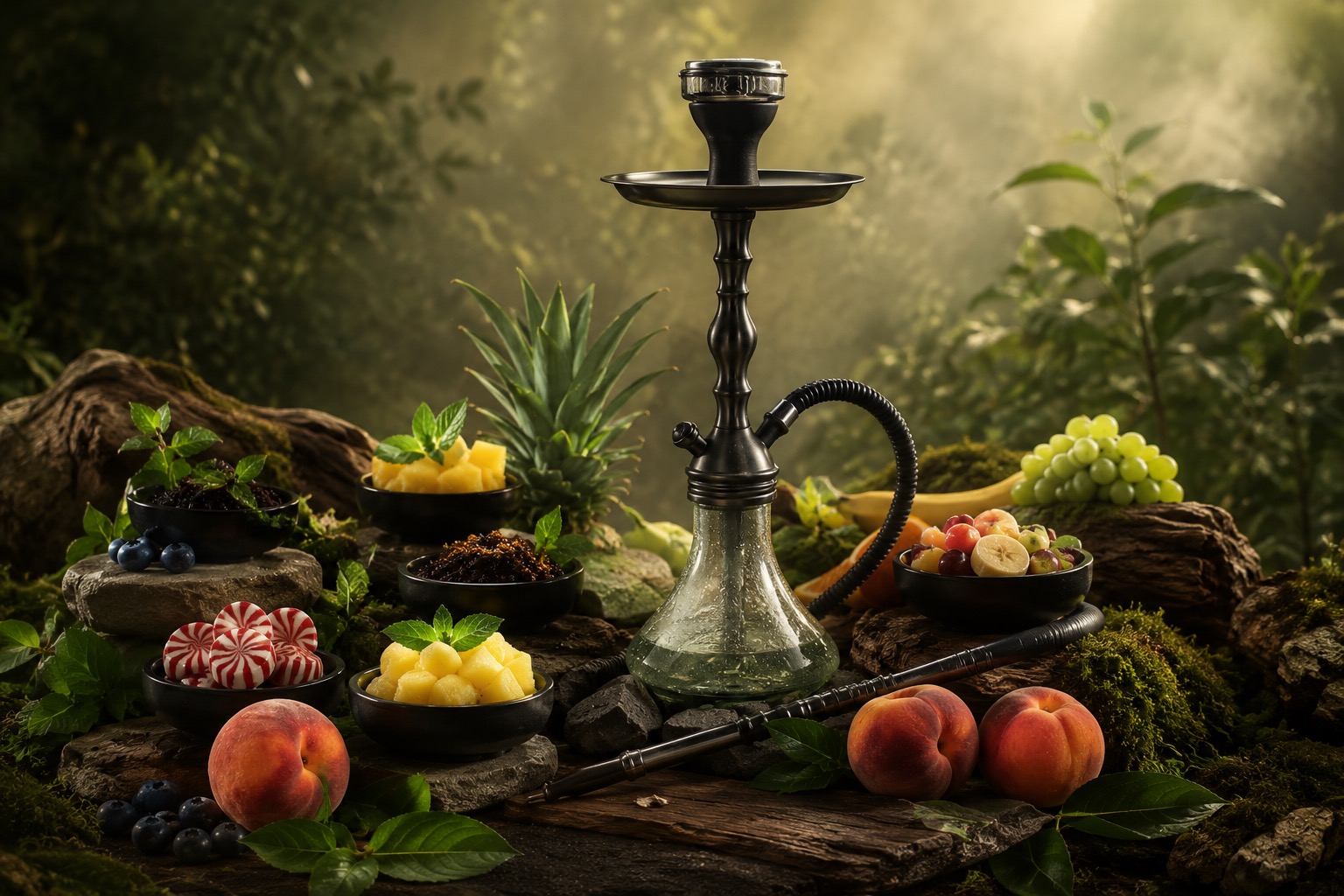 A Hydro hookah set among fresh fruit, mint, and bowls of flavor in a forest clearing