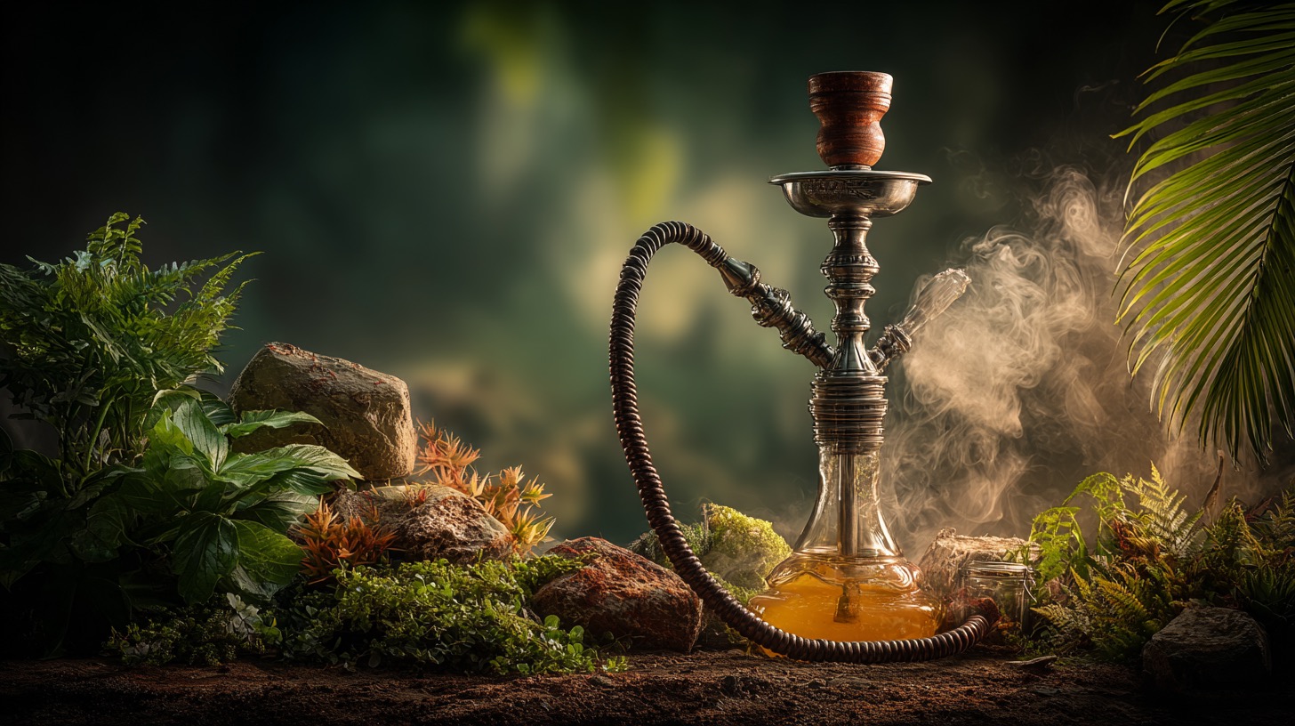 A Hydro hookah running clouds of smoke against deep green foliage