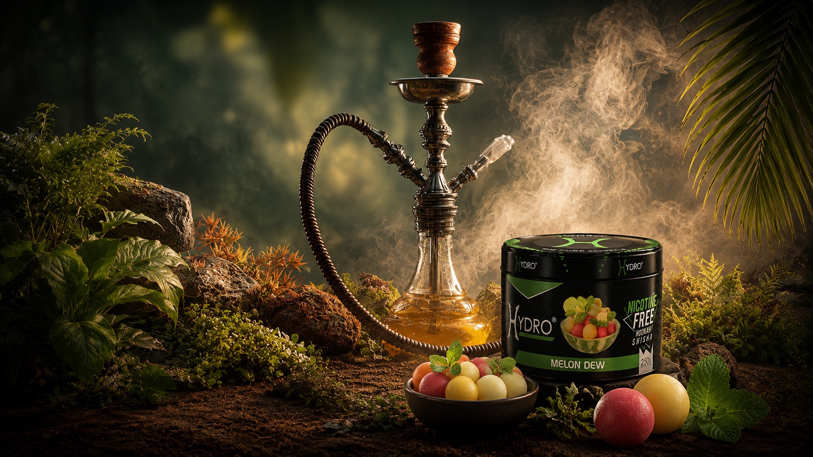 Hydro Melon Dew jar beside a hookah in a lush, smoky setting